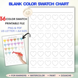 Op de afbeelding: Een afdrukbare kleurenpalet met 36 hartvormige ruimtes voor het testen van kleuren. De kaart bevat de tekst "Blank Color Swatch Chart", "36 Color Swatch Printable File" en "For Markers, Watercolor, Paint, Gouache".