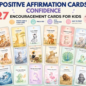 May include: A set of 27 positive affirmation cards for kids featuring colorful illustrations of animals like tigers, giraffes, and zebras. Each card displays an encouraging phrase such as I am brave or I stand tall. The text includes details about PNG and PDF file formats, A4 and letter sizes, and high-quality printing.