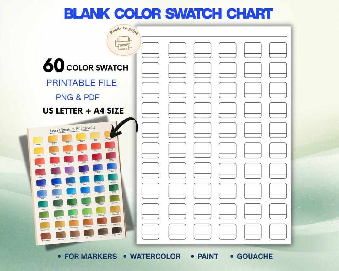 Color Swatch Test 60 Color Swatch Chart Printable | Marker, Watercolor, Paint Test Page ...