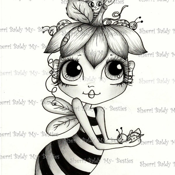 INSTANT DOWNLOAD 3 Digi Stamps # Shading of same imge  Big Eye Big Head Dolls Digi Sweet Honey Bee Bestie Bestie By Sherri Baldy