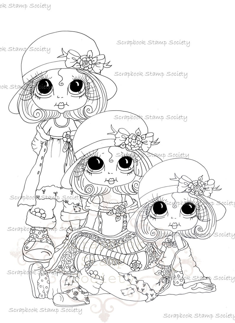 INSTANT DOWNLOAD Digital Digi Stamps Big Eyed Derby hat darlins trio Besties Big Head Dolls Digi By Sherri Baldy image 1