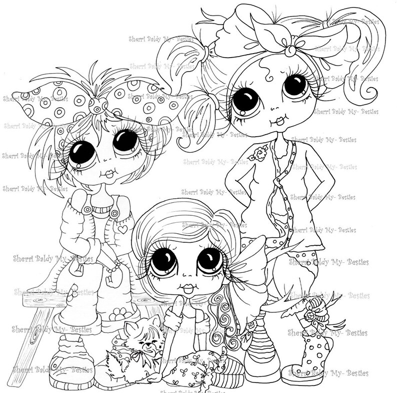 INSTANT DOWNLOAD Digital Digi Stamps Big Eye Big Head Dolls Messy Bessy Three Little Sister My Besties By Sherri Baldy image 1