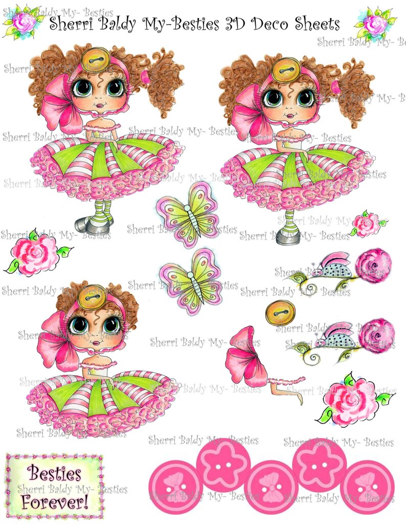 INSTANT DOWNLOAD 3D deco Ella Bella Buttons Besties Big Head Dolls Digi By Sherri Baldy image 1