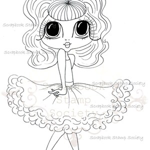 May include: Black and white line art illustration of a girl with large eyes, long curly hair, and a ruffled skirt. The image is a digital stamp.