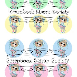 May include: Nine 1 inch round bottle caps featuring a cartoon girl with a straw hat and a pink and blue dress. The bottle caps are in three colors: green, yellow, and blue. The text "Scrapbook Stamp Society" appears twice on the image.