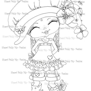 May include: A black and white line drawing of a girl with a big smile, wearing a hat, a dress with a heart on it, and rain boots. The girl is surrounded by flowers.