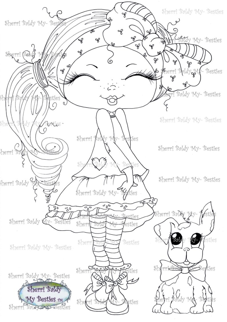 INSTANT DOWNLOAD Digital Digi Stamps Big Eye Big Head Dolls You Get Two Stamps In This Order Shy Bestie and Pup My Besties By Sherri Baldy image 2