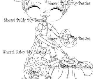 INSTANT DOWNLOAD Digital Digi Stamps Big Eyed  Besties Big Head Dolls Fancy Pants "Tootsie Paints a flower Digi By Sherri Baldy