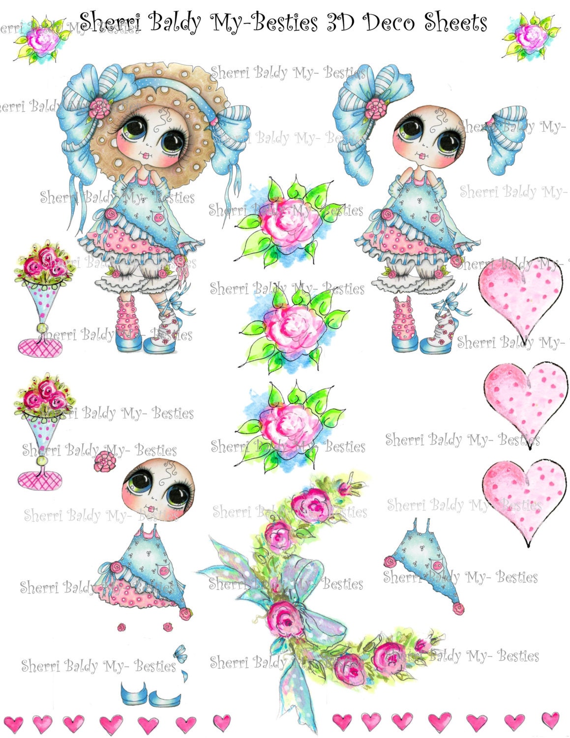 Instant Download Frilly Lilly 3D Decoupage kit Besties Big Head Dolls Digi By Sherri Baldy