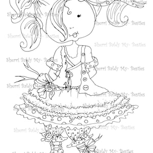 Puede incluir: Ilustración en blanco y negro de una figura con forma de muñeca con ojos grandes, vestida con un vestido de lunares y lazos. La imagen incluye el texto "Sherri Baldy My-Besties". El estilo es caprichoso y de dibujos animados.