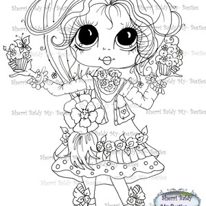 Può includere: Un'illustrazione in bianco e nero di una ragazza con occhi grandi, che indossa una giacca, una gonna a pois e stivali. Tiene un cupcake in ogni mano. L'immagine è circondata dal testo "Sherri Baldy My-Besties".
