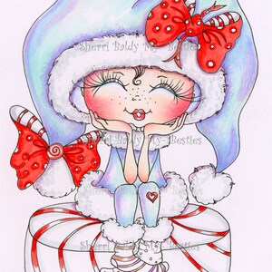 May include: A cartoon illustration of a girl wearing a blue and white hat with a red and white polka dot bow. She is sitting on a red and white striped candy cane. The image includes the text "Sherri Baldy My Besties TM".