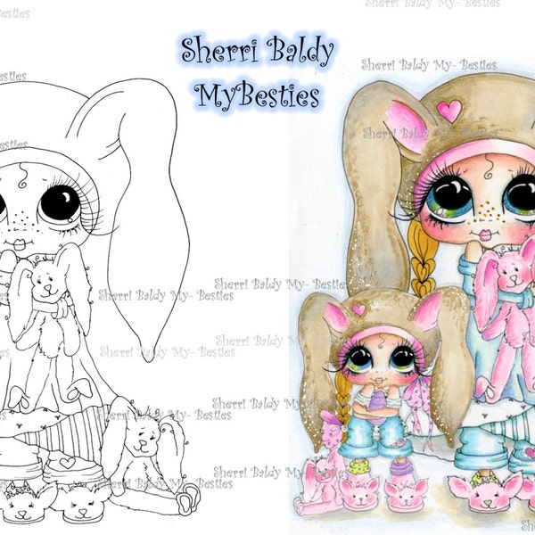 INSTANT DOWNLOAD Digital Digi Stamps Big Eye Big Head Dolls Digi Bunny Sleep Over By Sherri Baldy