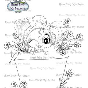 May include: A black and white line art illustration of a girl with a bow in her hair peeking out of a flower pot. The girl is winking and has a happy expression. The pot is surrounded by flowers and leaves.