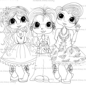 May include: Black and white line art illustration of three girls with large eyes and elaborate hairstyles. The girl in the middle is wearing a shirt that says "I'm Tickled Pink".