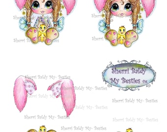 Instant Download 3D deco Card Toppers Bestie Bunny Besties Big Head Dolls Digi By Sherri Baldy