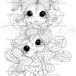 May include: A black and white line art illustration of two fairies. The top fairy has large eyes and is holding a flower. The bottom fairy has large eyes and is holding a heart with the word "HOPE" written on it.