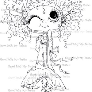Puede incluir: Un dibujo en blanco y negro de una niña de dibujos animados con el pelo rizado, que lleva un vestido, una chaqueta y zapatos. Ella está guiñando un ojo y tiene una gran sonrisa. El dibujo está firmado "Sherri Baldy My Besties TM".