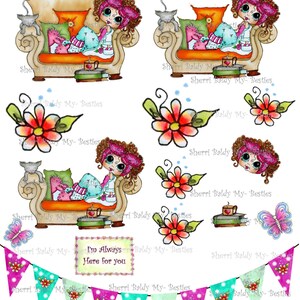 Descarga instantánea de adornos y papeles decorativos 3D para tarjetas Bestie Mandy Big Head Dolls Hoja 3D I Love Coco de Sherri Baldy