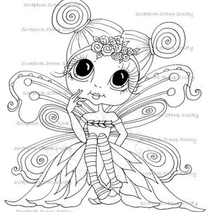 May include: Black and white line art illustration of a fairy with large eyes, wearing a dress and sitting on a leaf. The fairy has butterfly wings and a flower crown.