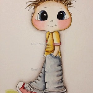 May include: A cartoon illustration of a boy with brown hair, blue eyes, and rosy cheeks. He is wearing a yellow shirt, blue jeans, and red sneakers. The text "Sherri Baldy" is written on the image.