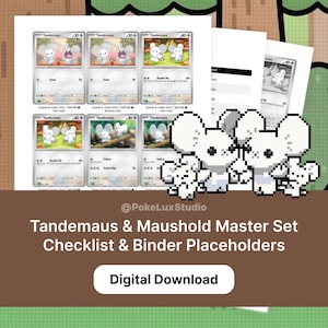 Op de afbeelding: Een digitale download met een Tandemaus en Maushold master set checklist en map-placeholders. De afbeelding toont meerdere Tandemaus ruilkaarten, een pixel art illustratie van de muis-personages en de tekst @PokeLuxStudio.