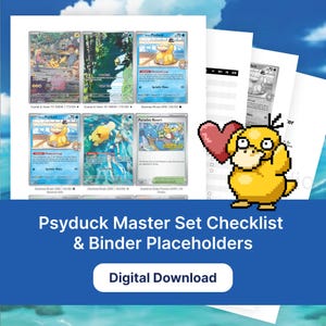 Könnte beinhalten: Ein digitaler Download mit einer Psyduck Master Set Checkliste und Ordnerplatzhaltern. Das Bild zeigt mehrere Pokémon-Sammelkarten, darunter Psyduck, und einen pixeligen Psyduck-Charakter, der ein Herz hält. Der Text "Digital Download" ist ebenfalls sichtbar.