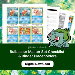 Op de afbeelding: Een digitale checklist en ordner-placeholder set met een pixel art illustratie van Bulbasaur en meerdere Magikarp ruilkaarten. De tekst luidt @PokeLuxStudio, Bulbasaur Master Set Checklist & Binder Placeholders en Digital Download.