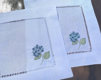 Embroidered Hydrangea Linen Cocktail Napkins, Coastal Wedding Hemstitch Cloth Set