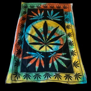 Tie dye Green Yellow Blue Orange Marijuana Beach Blanket, Blue Cotton Cannabis Leaf Tapestry,Green Yellow Dorm Decor Pot Leaf Art, Weed Leaf