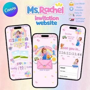 May include: Three smartphones displaying a Ms. Rachel themed digital invitation website. The screens feature pastel pink backgrounds, cartoon characters, rainbows, balloons, and text including Gianna Is Turning 1, July 12, and a countdown timer.