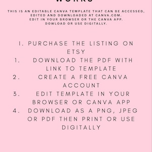 May include: Pink graphic with the text "HOW IT WORKS" and instructions for using an editable Canva template. Steps include purchasing on Etsy, downloading a PDF, creating a Canva account, editing, and downloading as a PNG, JPEG, or PDF.