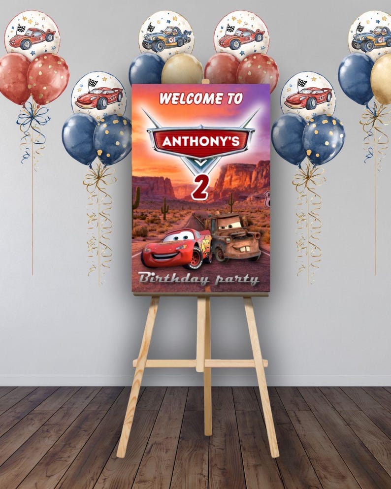 Bilars födelsedagsvälkomstskylt, Lightning McQueen öken Route 66-festaffisch (digital nedladdning) bild 1