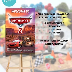 Bilars födelsedagsvälkomstskylt, Lightning McQueen öken Route 66-festaffisch (digital nedladdning) bild 2