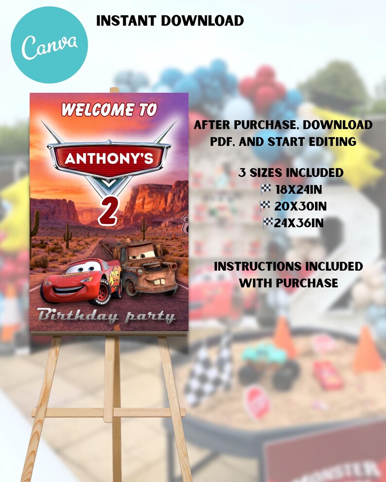 Bilars födelsedagsvälkomstskylt, Lightning McQueen öken Route 66-festaffisch (digital nedladdning) bild 2