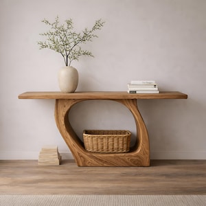 Puede incluir: Una consola de madera con un diseño único de círculo abierto. Una cesta tejida se encuentra en el espacio abierto. Un jarrón con vegetación y una pila de libros están sobre la superficie de la mesa. La mesa es de madera marrón claro.