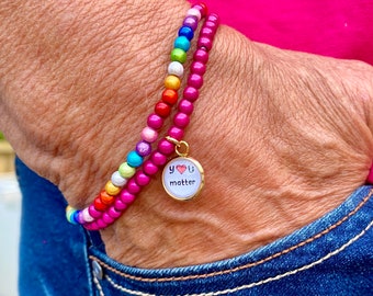 2 Miracle perlenarmband, pink/regenbogen, mit silber(stahl)farbe stahl Anhänger - 4 mm Perlen