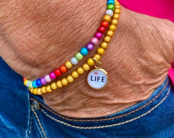 2 Miracle perlenarmband, GelbGold/Regenbogen, mit silber(stahl)farbe stahl Anhänger - 4 mm Perlen