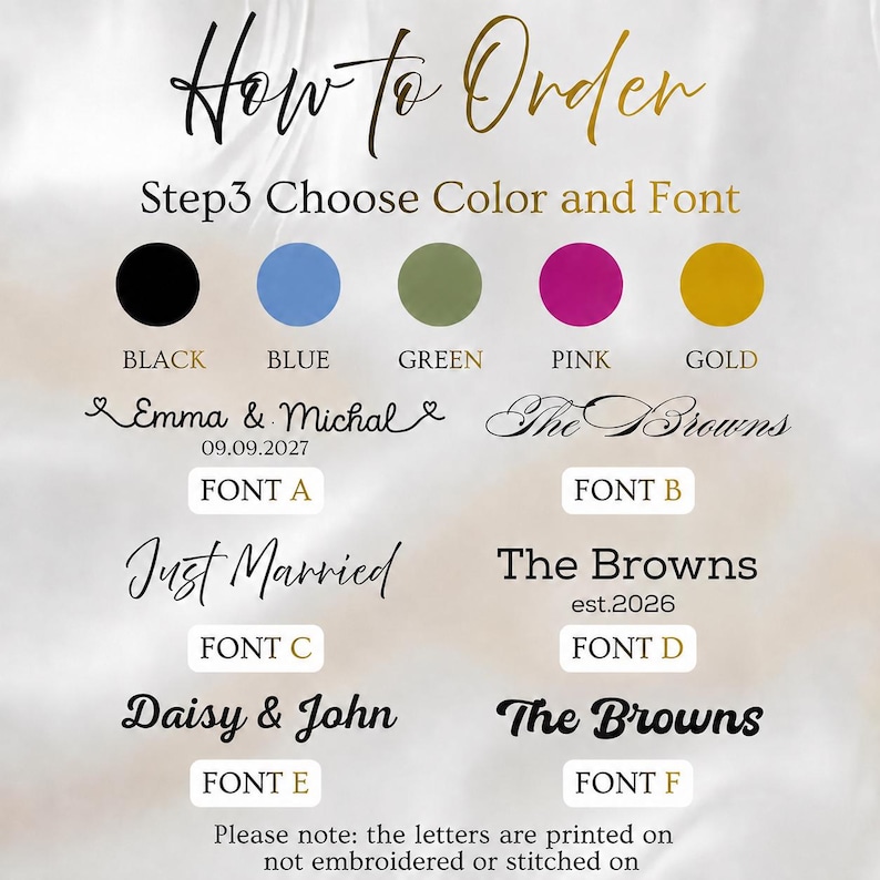Może przedstawiać: Przewodnik zatytułowany How to Order Step 3 Choose Color and Font z pięcioma kolorowymi kołami w kolorze czarnym, niebieskim, zielonym, r&oacute;żowym i złotym. Zawiera sześć opcji czcionek oznaczonych od A do F z przykładowymi imionami jak Emma & Michal.