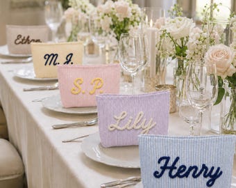Personalized Seersucker Cosmetic Pouch Custom Rope Name Embroidery Bridesmaid Wedding Favor Travel Organizer Accessory