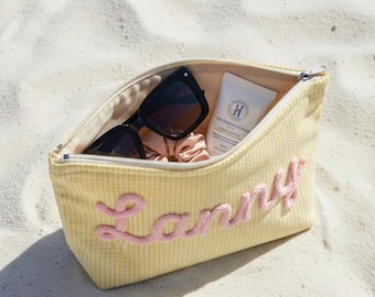 Custom Preppy Seersucker Makeup Bag, Embroidered Chenille Script Name Beach Pouch, Striped Travel Makeup Pouch, Custom Bridesmade Gifts