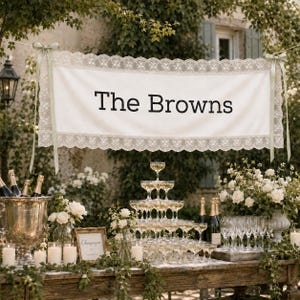 Może przedstawiać: Prostokątny baner z białej tkaniny z napisem The Browns czarnymi literami, wykończony misterną białą koronką na g&oacute;rnej i dolnej krawędzi, zawieszony na jasnozielonych wstążkach zawiązanych w dw&oacute;ch g&oacute;rnych rogach.