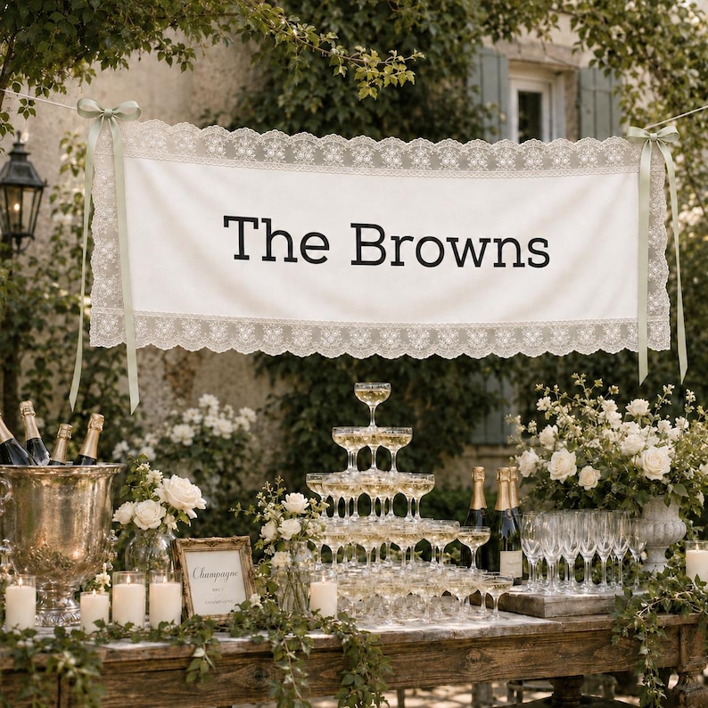 Może przedstawiać: Prostokątny baner z białej tkaniny z napisem The Browns czarnymi literami, wykończony misterną białą koronką na g&oacute;rnej i dolnej krawędzi, zawieszony na jasnozielonych wstążkach zawiązanych w dw&oacute;ch g&oacute;rnych rogach.