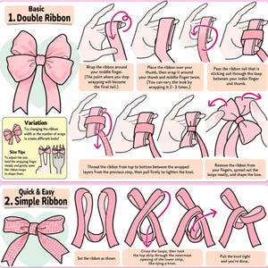 Może przedstawiać: Infografika instruktażowa zatytułowana Basic 1. Double Ribbon oraz Quick & Easy 2. Simple Ribbon. Zawiera r&oacute;żowe ilustracje przedstawiające techniki wiązania kokard z wstążek krok po kroku wraz z opisami tekstowymi dla każdego etapu.