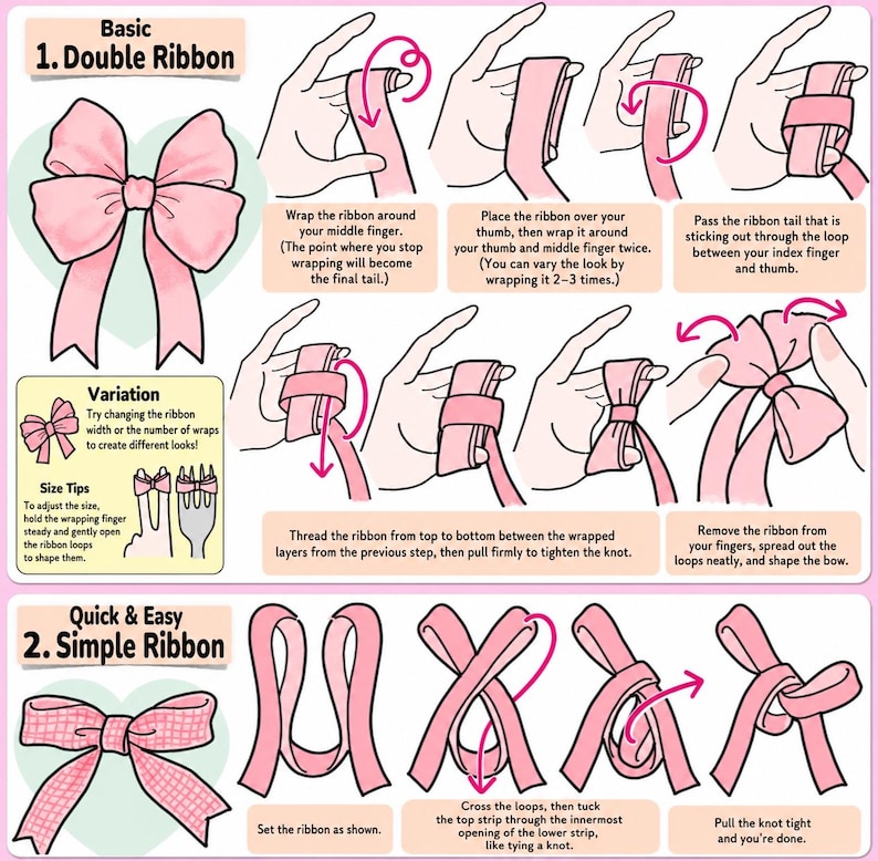 Może przedstawiać: Infografika instruktażowa zatytułowana Basic 1. Double Ribbon oraz Quick & Easy 2. Simple Ribbon. Zawiera r&oacute;żowe ilustracje przedstawiające techniki wiązania kokard z wstążek krok po kroku wraz z opisami tekstowymi dla każdego etapu.