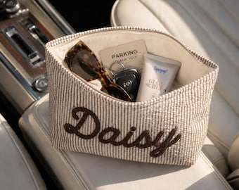 Personalized New Driver Gift Seersucker Pouch Custom Embroidered Name Car Organizer Makeup Travel Pouch