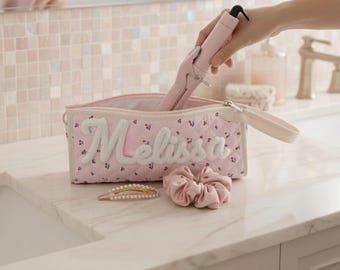 Customized Embroidery Hair Dryer Travel Bag Custom Name Makeup Bag, Custom Curling Iron Holder Floral Quilted Travel Pouch Bridesmaid Gift