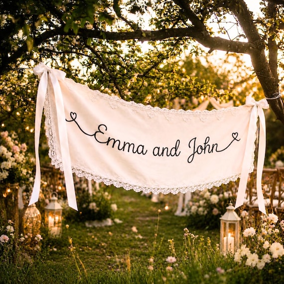 Personalized Ivory Lace Wedding Banner Custom Fabric Sign With Names For Sweetheart Table Reception Decor
