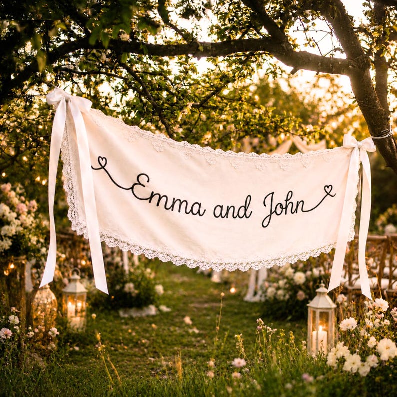 Może przedstawiać: Kremowy baner z tkaniny z czarnym napisem "Emma and John" wykonanym kursywą, otoczonym małymi ikonami serc. Baner jest wykończony białą koronką i przymocowany na obu końcach długimi białymi satynowymi wstążkami.