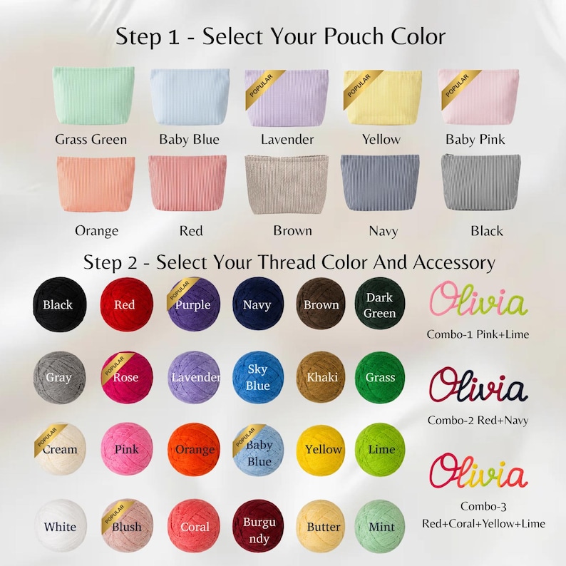 Puede incluir: Una tabla de selecci&oacute;n para estuches e hilos de bordar. El paso 1 muestra diez estuches rectangulares en varios colores etiquetados como Grass Green, Baby Blue, Lavender, Yellow, Baby Pink, Orange, Red, Brown, Navy y Black. El paso 2 muestra opciones de color de hilo y tres ejemplos de bordado de nombres.
